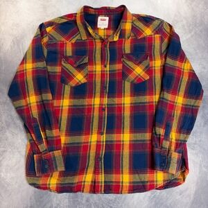 Levi's Flannel Shirt Mens XXL Red Yellow Blue Plaid Western Cotton Button Down